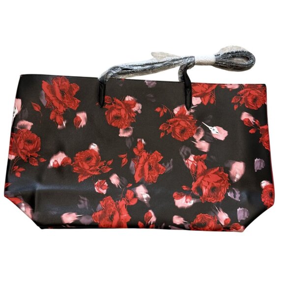 Victorias Secret Black Red Floral Open Tote Bag With Gold Logo Weekender - Picture 4 of 6